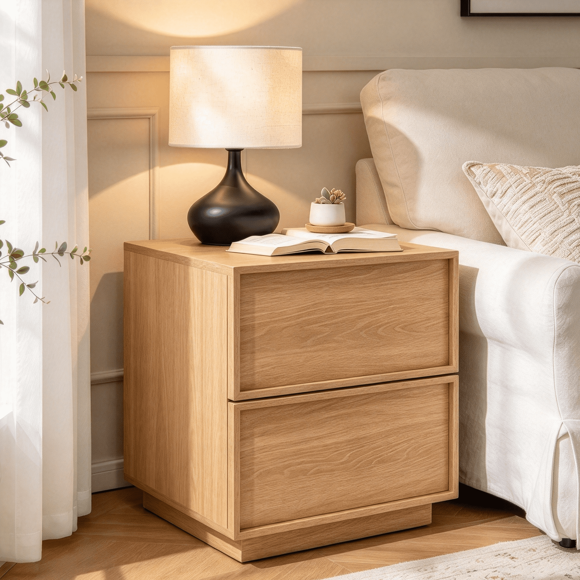 2-Drawer End Table, Modern Scandinavian Style, Concealed Handles, Oak ...