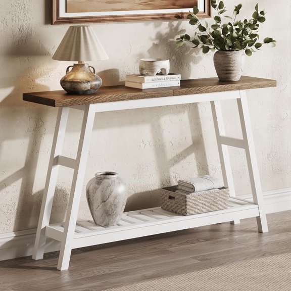 ChooChoo 53.9 Inch Long Console Tables for Entryway, Hallway Table, 2-Tier | Narrow Sofa Table, Behind Couch Table for Living Room, White & Brown
