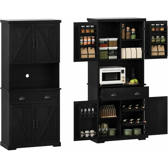 ChooChoo 72" Pantry Cabinet with Storage Drawers, Farmhouse Kitchen Hutch Bar Cabinet with Microwave Stand, Kitchen Cupboard with Door Shelves for Dining Room, Living Room, Black