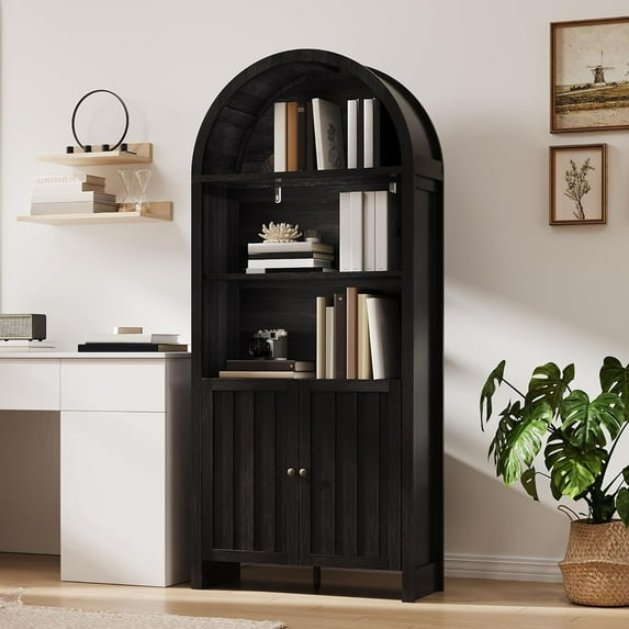 ChooChoo Arched Bookcase with Doors, 3-Tier Bookcase with Adjustable Shelf, Tall Arched Bookshelf for Office, Living Room, Black
