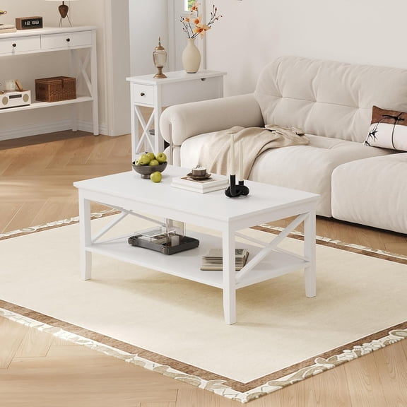 ChooChoo Coffee Table with Thicker Legs | Wooden Living Room Tables with Storage for Living Room, White