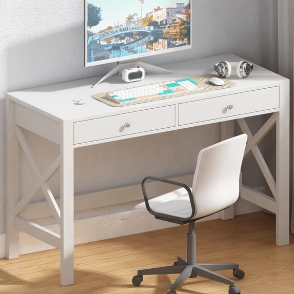 ChooChoo Computer Desk Study for Home Office, Modern Simple 40 Inches White Desk with Drawers