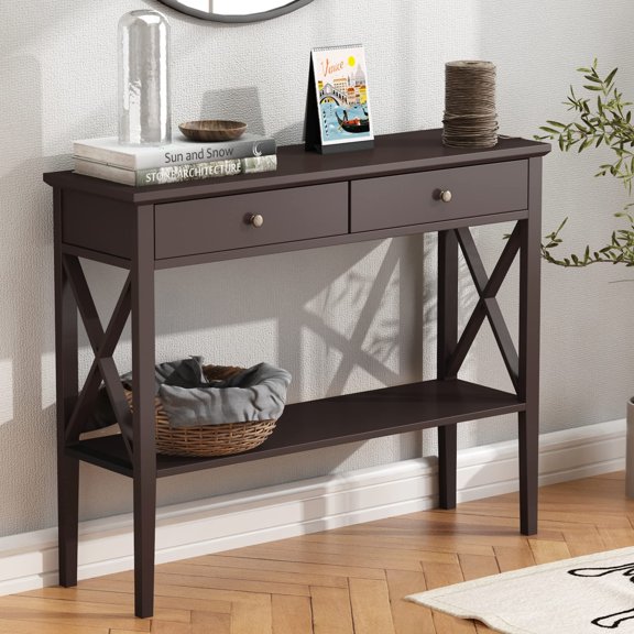ChooChoo Espresso 39 Entryway Table with Drawers and Storage Shelf