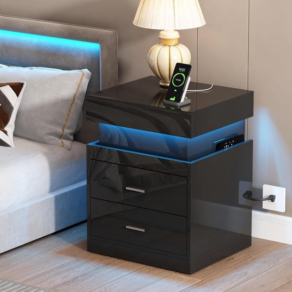 ChooChoo LED Nightstand with Charging Station and Sliding Storage | Sliding Top Storage, 2-Drawers, High Gloss Bedside Table, Modern End Table, Bedroom, Black