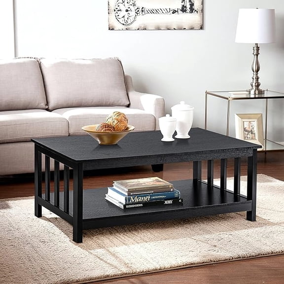 ChooChoo Mission Coffee Table, Black Wood Living Room Table with Shelf, 47 inch
