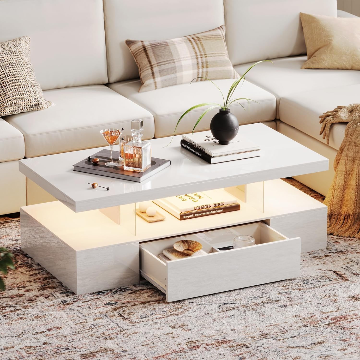 ChooChoo Modern LED Coffee Table, High Glossy Center Table with Drawer ...