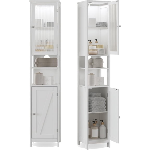 ChooChoo Narrow Bathroom Storage Cabinet with Light, Space Saving | Space Saving,Tall Bathroom Storage Cabinet, 5-Tier, 2 Doors, Slim, Freestanding, Adjustable Shelves, White