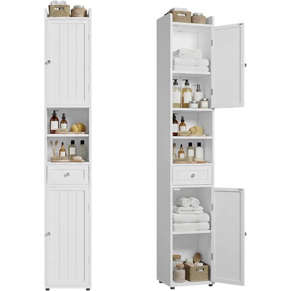 ChooChoo Tall Bathroom Storage Cabinet with Drawer, 11.8" x 11.8" x 70.8" | Narrow Storage Cabinet, Freestanding Cupboard for Small Spaces, White