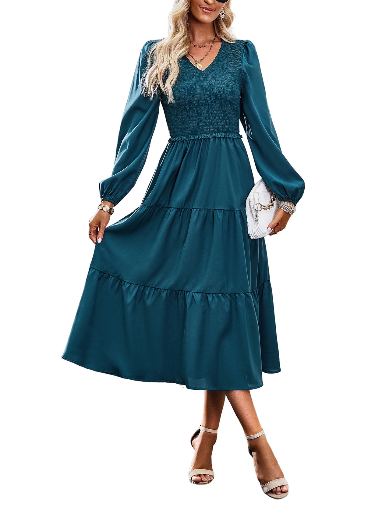 ChooTeeYeen Women's 2023 Long Sleeve Smocked Dress V Neck High Waist