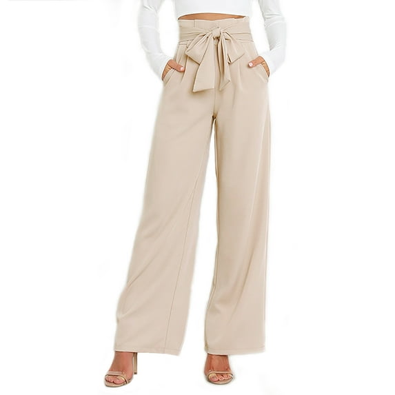 ChooTeeYeen Women's High Waist Pants Casual Pockets Belted Wide Leg Trousers Business Work Long Pants Detachable Tied Belt
