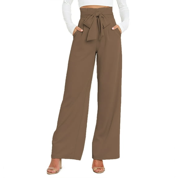 ChooTeeYeen Women's High Waist Pants Casual Pockets Belted Wide Leg Trousers Business Work Long Pants Detachable Tied Belt