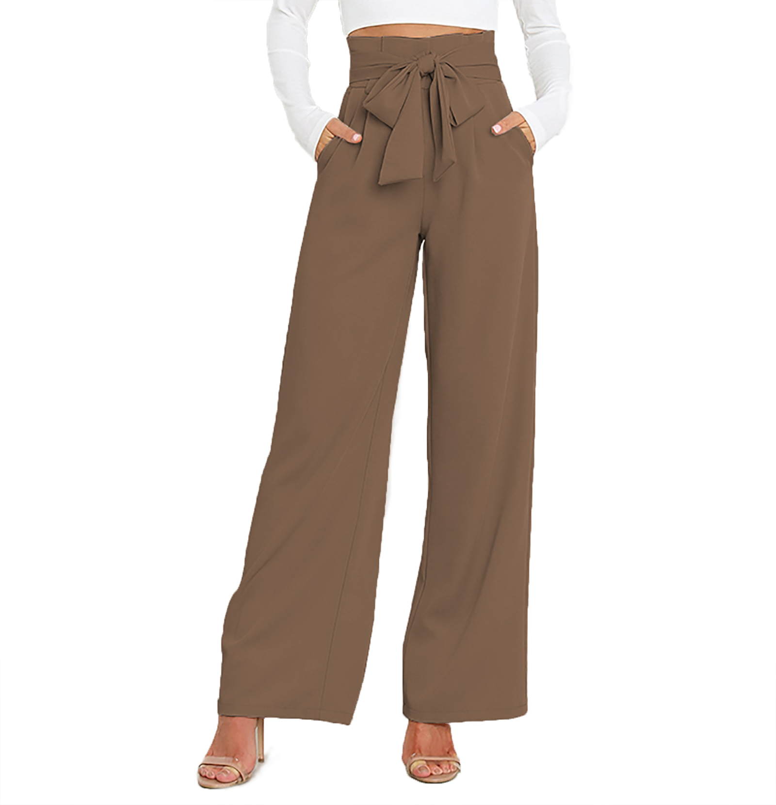 ChooTeeYeen Women s High Waist Pants Casual Pockets Belted Wide Leg 