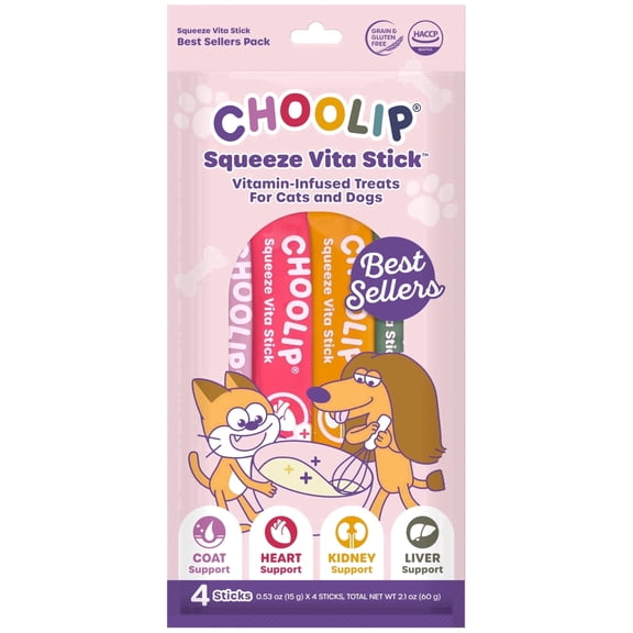 Choolip Vita Stick 4 Formula Trial Pack Lickable Treats for Cats & Dogs, 2.1 oz (4 Sticks)