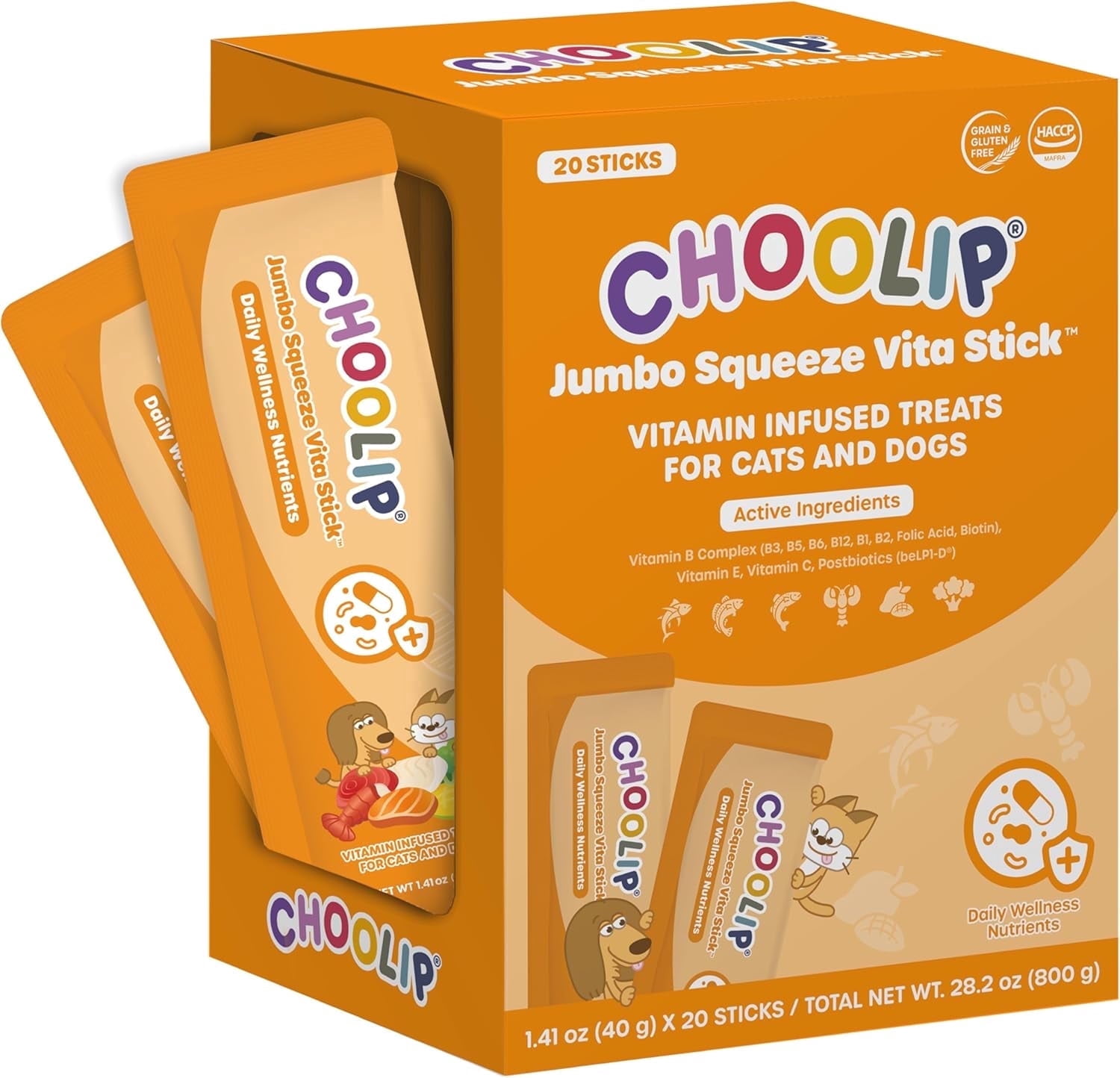 Choolip Jumbo Squeeze Vita Stick Lickable Treats for Cats & Dogs, 28.2 oz (20 Sticks)