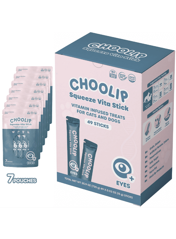 Choolip Squeeze Vita Stick for Eyes. Lickable Cat Treats Snack with Grapeseed Extract, Lutein, Vitamin E, Astaxanthin and more. 49pk Pet Treats for Cats and Dogs. Natural Kitty Treats for Training