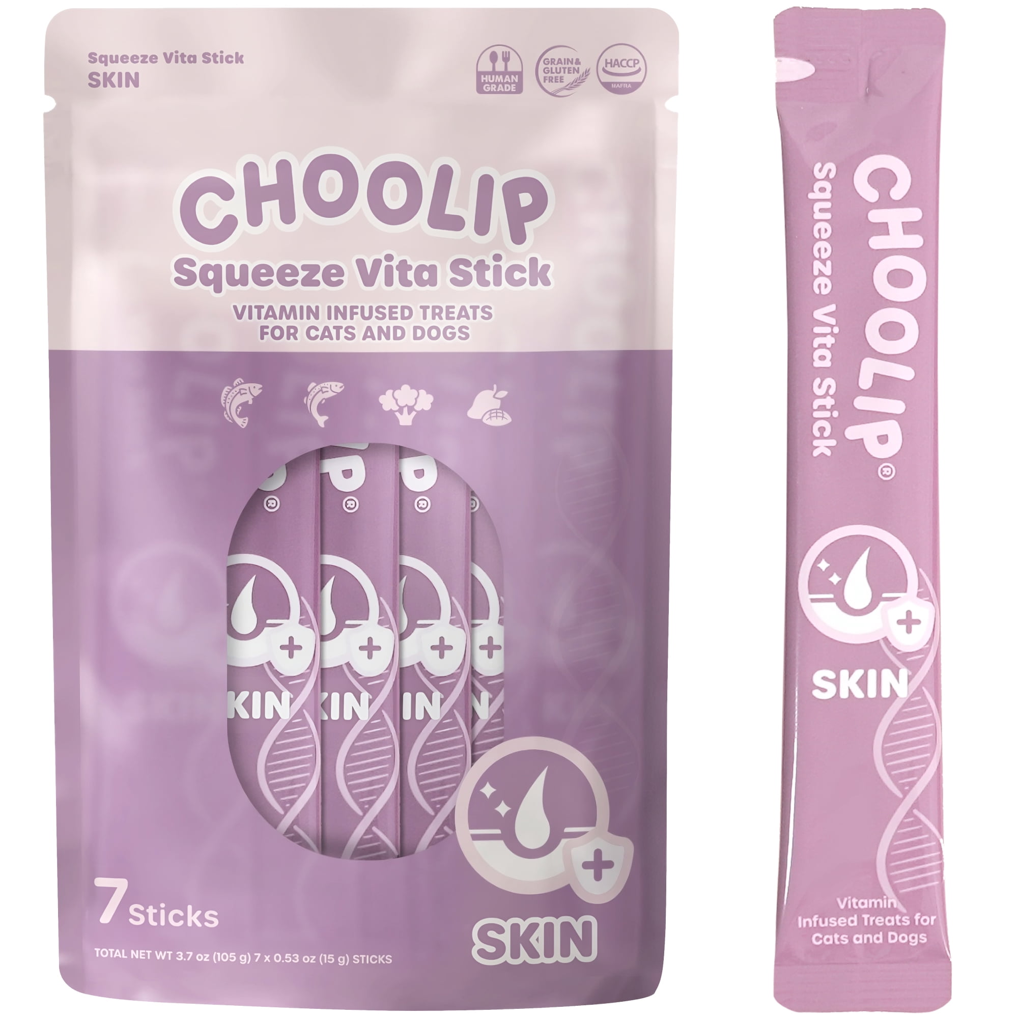 Choolip Squeeze Vita Stick for Skin and Coat. Vet-Formulated Cat Tube Snack Treats with Biotin, B5, Vitamin E, Vitamin D3, B-Complex and more. 7pk Delectable Licks. Cats, Dogs and Kitten Treat!