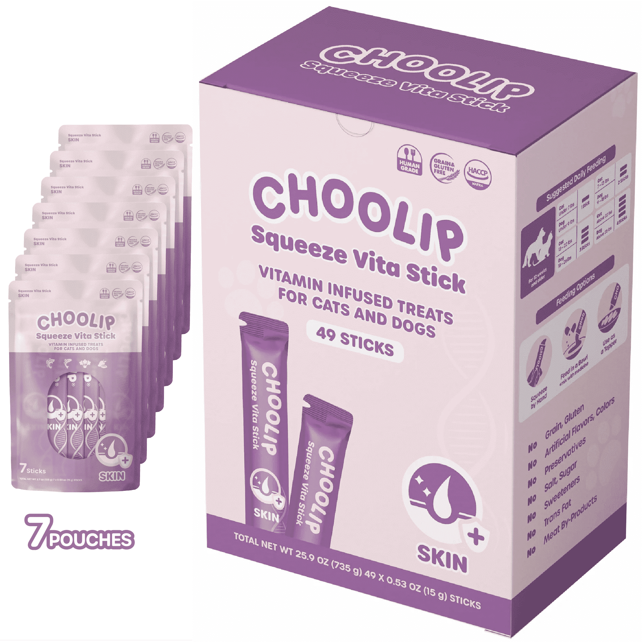 Choolip Vita Stick Skin and Coat Support Lickable Treats for Cats & Dogs, 25.9 oz (7 Pouches, 49ct)