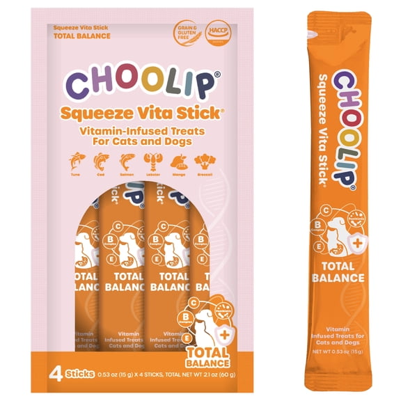 Choolip Total Balance Daily Wellness Puree Treats for Dogs & Cats, Korean Postbiotics & Vitamins, Grain Free, 4 Sticks