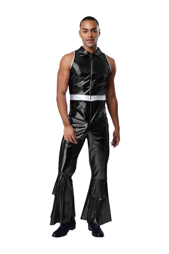Adult Men Astronaut Jumpsuit Male Jazz Hip Hop Outfits Bell Bottom Pants Sleeveless Singer Uniform Black M