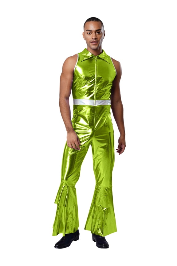 Adult Men Astronaut Jumpsuit Male Jazz Hip Hop Outfits Bell Bottom Pants Sleeveless Singer Uniform Green XXL