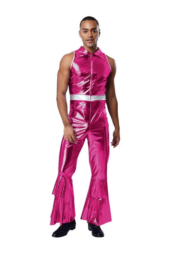 Adult Men Astronaut Jumpsuit Male Jazz Hip Hop Outfits Bell Bottom Pants Sleeveless Singer Uniform Hot Pink M