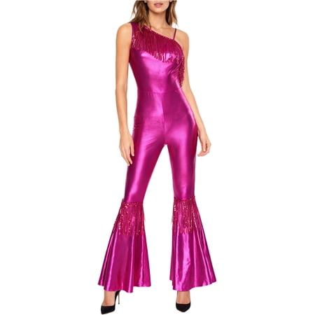 Choomomo Adult Womens Sequin Tassel Jumpsuit 70s 80s Disco Dance Leotard Rompers Rave Outflts Clubwear Hot Pink 3XL