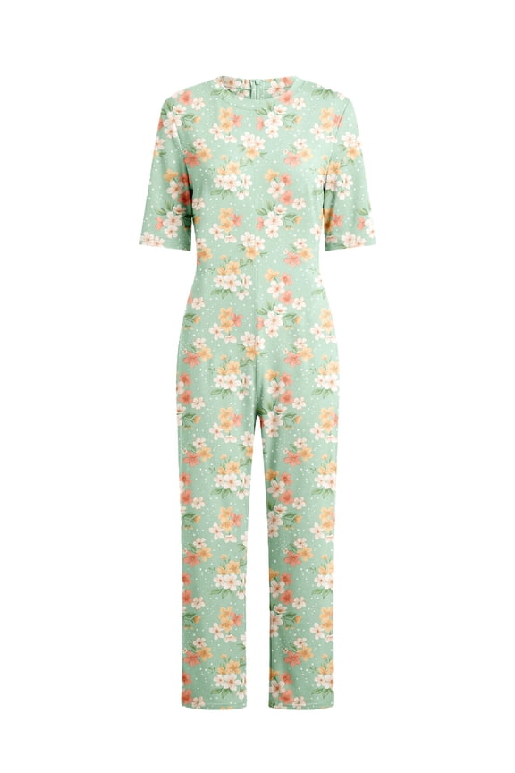 Alzheimer Patient Nursing Clothing Women Short Sleeve Anti-strip Jumpsuit with Back Zipper for Care Light Green S