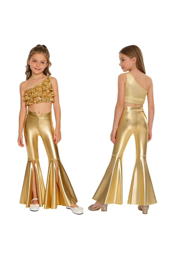 Big Girls 2Pcs Raves Festivals Outfits Sparkle Hip Hop Jazz Dance Suit for 80s 90s Party Cheerleading Uniform Gold 6