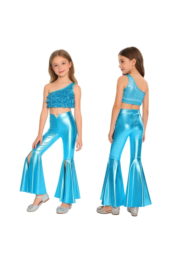 Big Girls 2Pcs Raves Festivals Outfits Sparkle Hip Hop Jazz Dance Suit for 80s 90s Party Cheerleading Uniform Light Blue 14