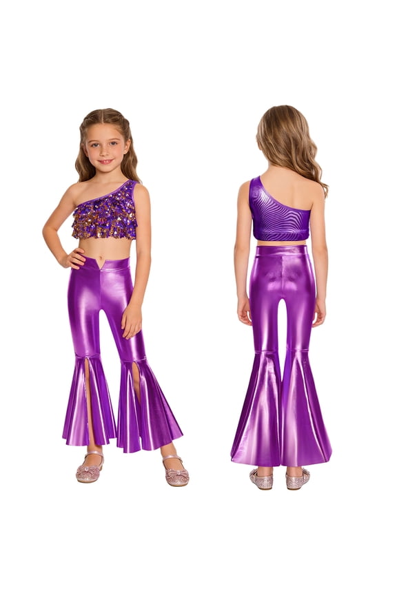 Big Girls 2Pcs Raves Festivals Outfits Sparkle Hip Hop Jazz Dance Suit for 80s 90s Party Cheerleading Uniform Purple 14