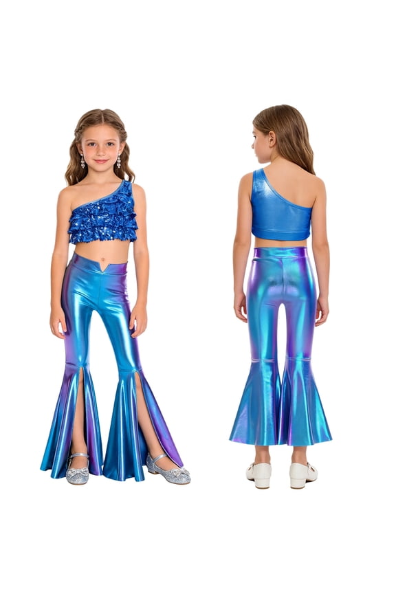 Big Girls 2Pcs Raves Festivals Outfits Sparkle Hip Hop Jazz Dance Suit for 80s 90s Party Cheerleading Uniform Royal Blue 6