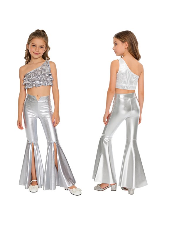Big Girls 2Pcs Raves Festivals Outfits Sparkle Hip Hop Jazz Dance Suit for 80s 90s Party Cheerleading Uniform Silver 6
