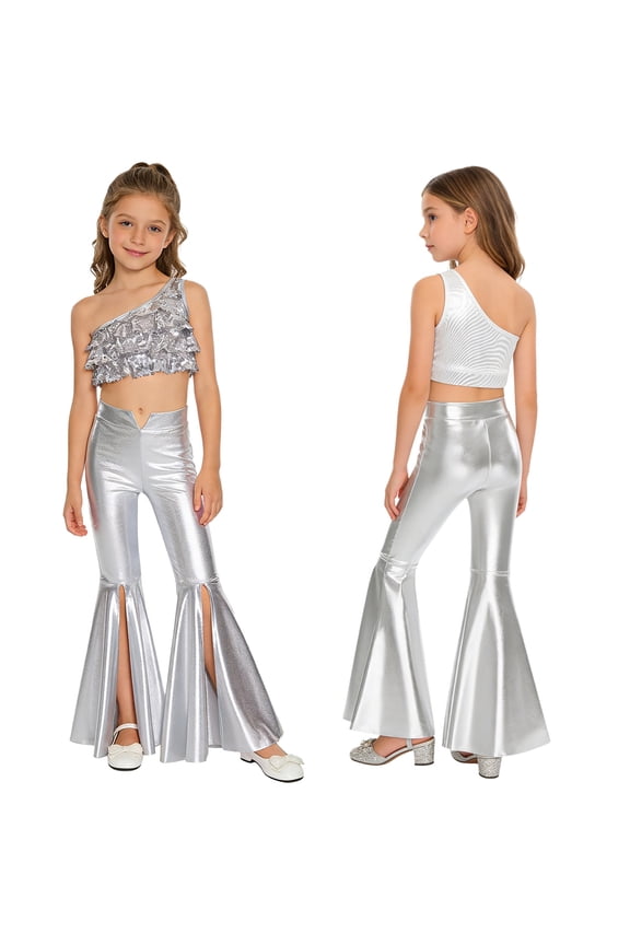 Big Girls 2Pcs Raves Festivals Outfits Sparkle Hip Hop Jazz Dance Suit for 80s 90s Party Cheerleading Uniform Silver 6