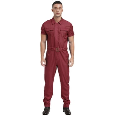 Choomomo Coveralls for Men Short Sleeve Front Zipper Work Overalls Jumpsuit with Pockets Mechanics Burgundy XL