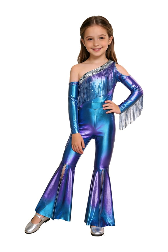 Girl's One Shouldered Glittery Party Jumpsuit Flared Trousers For Jazz Hip Hop Latin Dance Waltz Birthday Party And Cocktail Event Blue 8