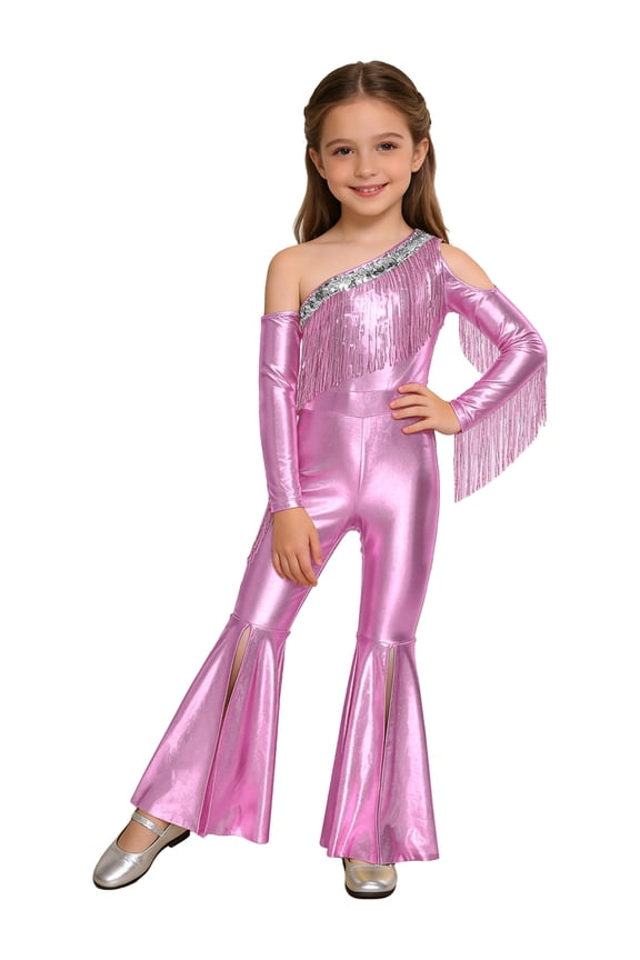 Girl's One Shouldered Glittery Party Jumpsuit Flared Trousers For Jazz Hip Hop Latin Dance Waltz Birthday Party And Cocktail Event Pink 8
