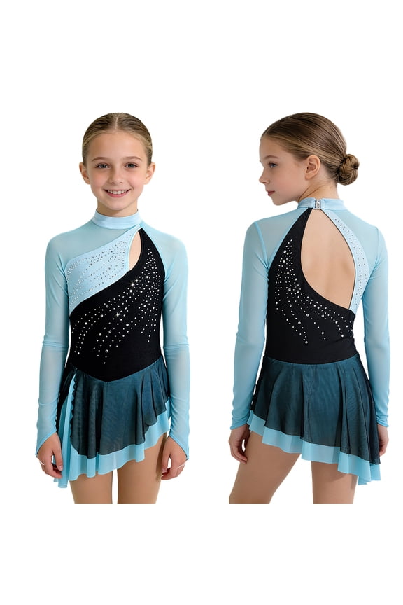 Girls Long Sleeve Ice Skating Dress Color Block Mesh Cutout Back Asymmetrical Lyrical Ballet Figure Skating Dress Blue 12