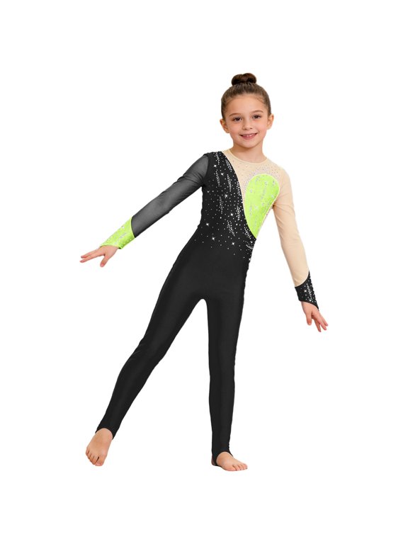 Girls' Long Sleeve Unitard Full Length Jumpsuit One Piece Ballet Dance Bodysuits Gymnastics Leotards Black 8