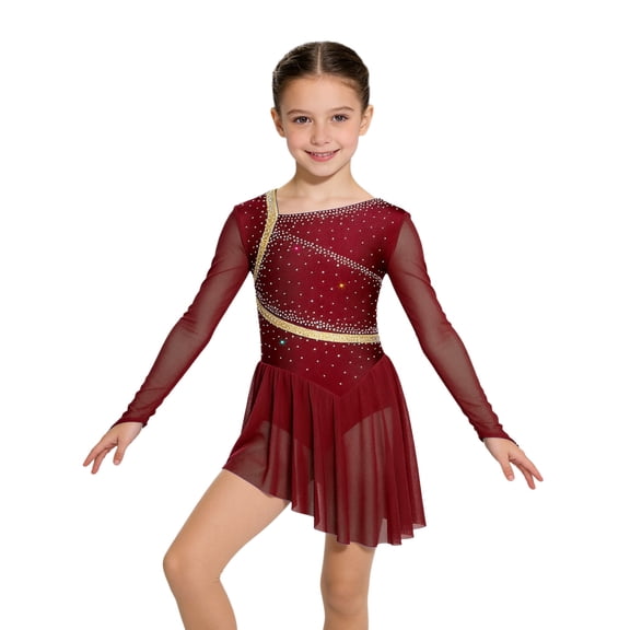 Choomomo Girls Lyrical Ballet Dance Dress Shiny Rhinestones Backless Figure Skating Dress with Built-in Briefs Burgundy 6