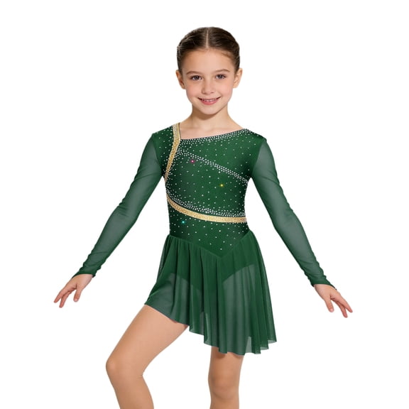 Choomomo Girls Lyrical Ballet Dance Dress Shiny Rhinestones Backless Figure Skating Dress with Built-in Briefs Green 6