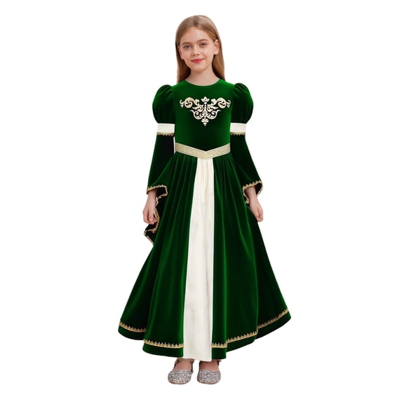 Choomomo Girls Medieval Princess Outfits Patchwork Round Neck Dress Ruffled Webbing Trim Long Dress Green 8