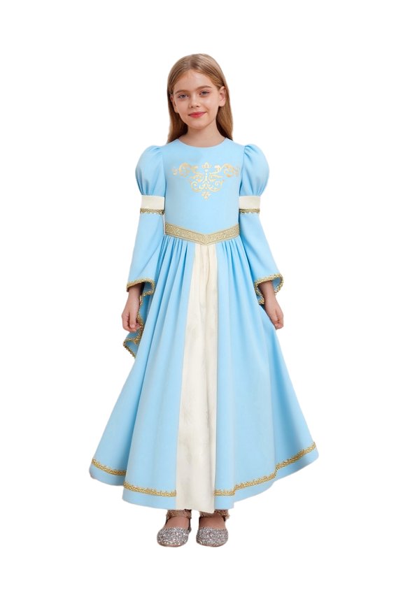 Girls Medieval Princess Outfits Patchwork Round Neck Dress Ruffled Webbing Trim Long Dress Light Blue 10