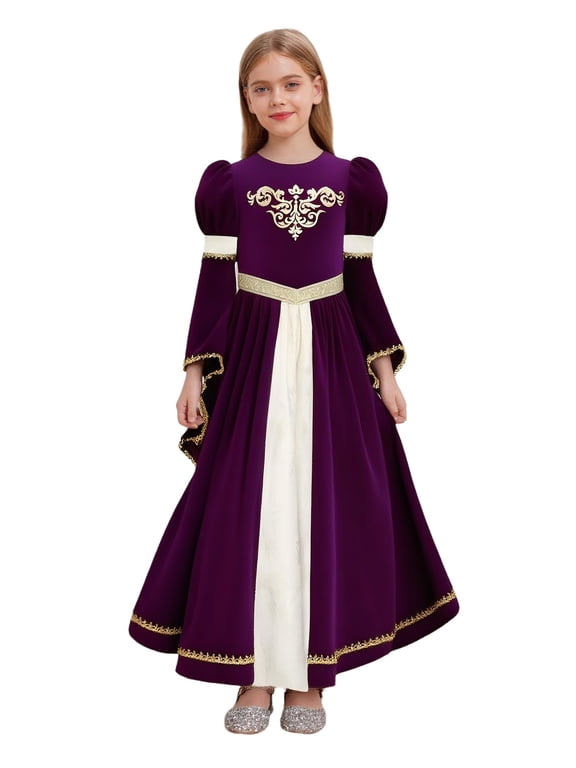 Girls Medieval Princess Outfits Patchwork Round Neck Dress Ruffled Webbing Trim Long Dress Purple 12
