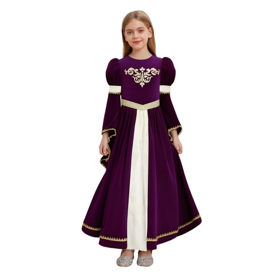 Choomomo Girls Medieval Princess Outfits Patchwork Round Neck Dress Ruffled Webbing Trim Long Dress Purple 14