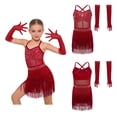 thumbnail image 1 of Choomomo Girls Sequin Fringed Dresses Tassel Skirted Leotard Latin Dance Outfits with Gloves Party Bodysuit Burgundy 12, 1 of 7