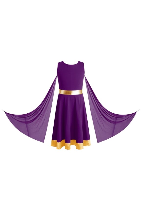Girls Shiny Church Choir Overlays With Mesh Drapes Sleeveless Lyrical Praise Dance Dress Purple 16