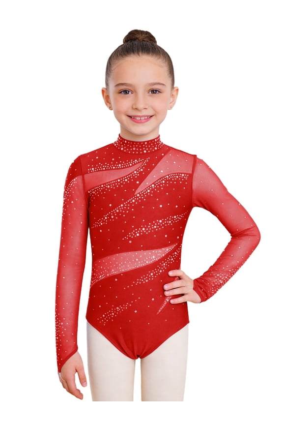 Gymnastics Leotard for Girls Mesh Long Sleeve Ballet Dance Unitard Sparkle Rhinestone Figure Skating Bodysuit Red 8
