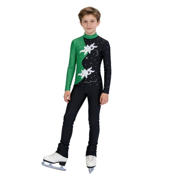 Choomomo Kids Boys Modern Jazz Latin Dance Unitard Figure Skating Jumpsuit Long Sleeve Rhinestone Color Block Bodysuit Green 6