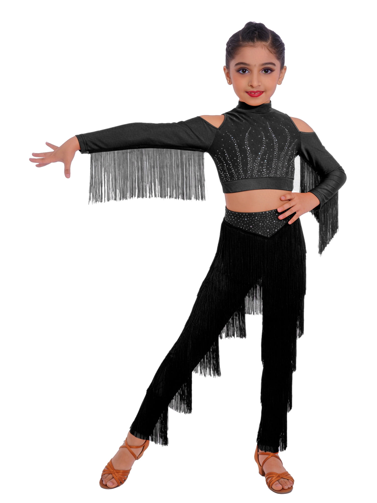 Choomomo Kids Girls 2 Piece Latin Dance Outfit Tassel Crop Top Fringe ...