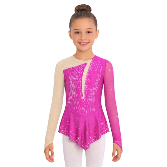 Choomomo Kids Girls Ice Figure Skating Dress Ballet Dance Skirted Leotard Dress Rhinestones Competition Outfit Hot Pink 14
